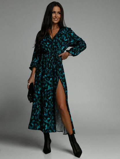 Fashion Printed Long Sleeve Waist Slit A-Line Dress Wholesale Dresses