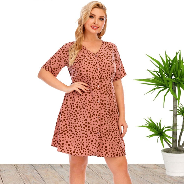 Dot Printed V Neck Casual Midi Curve Dresses Single-Breasted Wholesale Plus Size Clothing