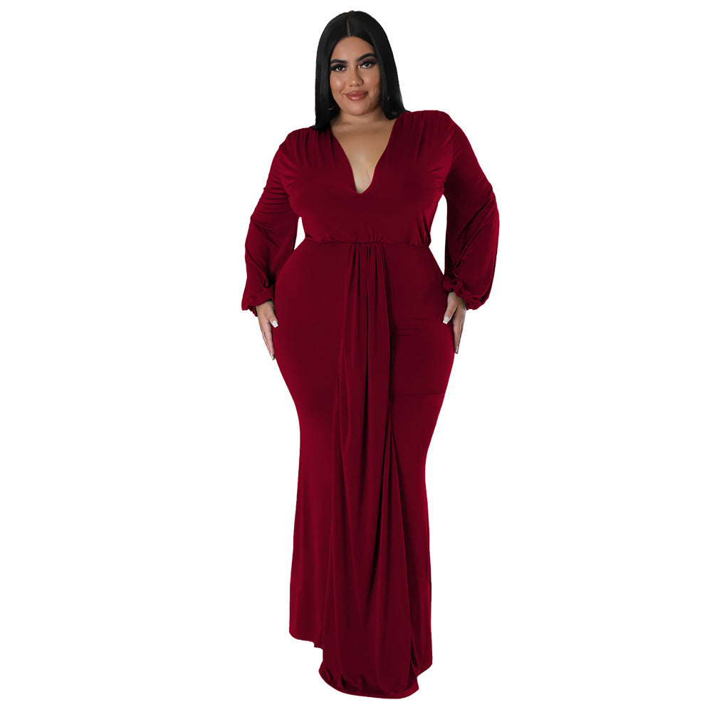 Long Sleeve V Neck Curvy Maxi Dresses Wholesale Plus Size Clothing