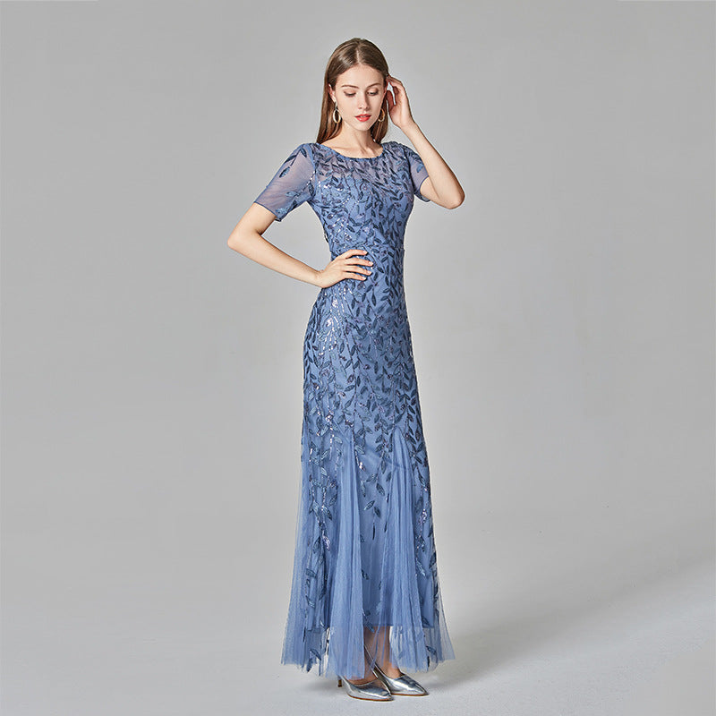 Women Slim Fit Mesh Sleeve Sequin Evening Maxi Dress Wholesale Prom Dresses