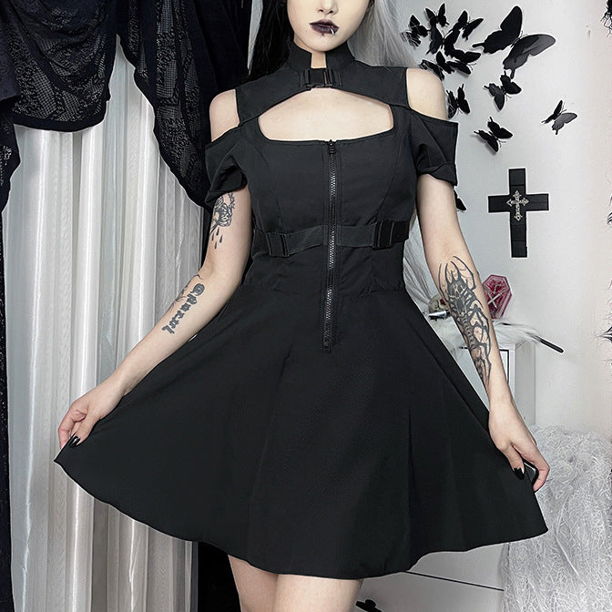 Dark Zipper Cutout Strapless Short-Sleeved A-Line Dress Wholesale Dresses