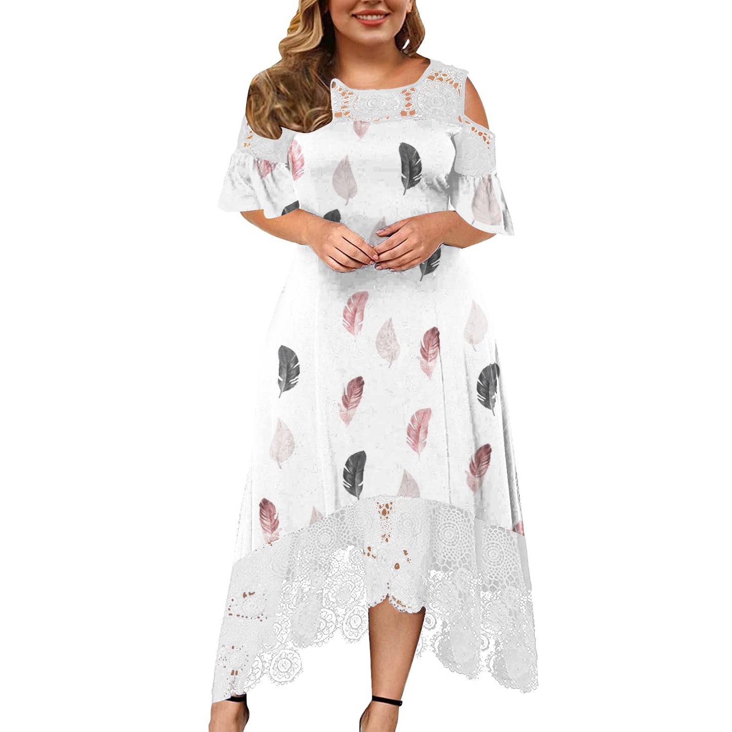 Printed Lace Stitching Fashion Curvy Dresses Wholesale Plus Size Clothing