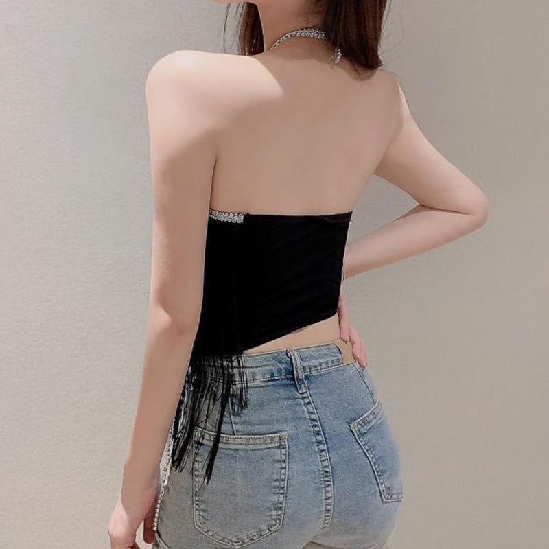 Solid Color Hanging Neck Tassel With Chest Pad Tube Top Crop Tops Wholesale Women Top