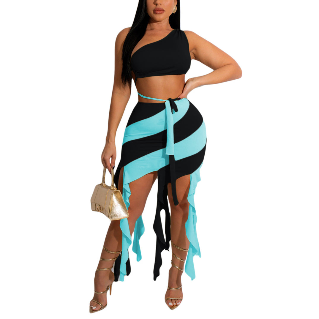 Fashion Short Top & Colorblock Skirt Sexy Suits Wholesale Women'S 2 Piece Sets