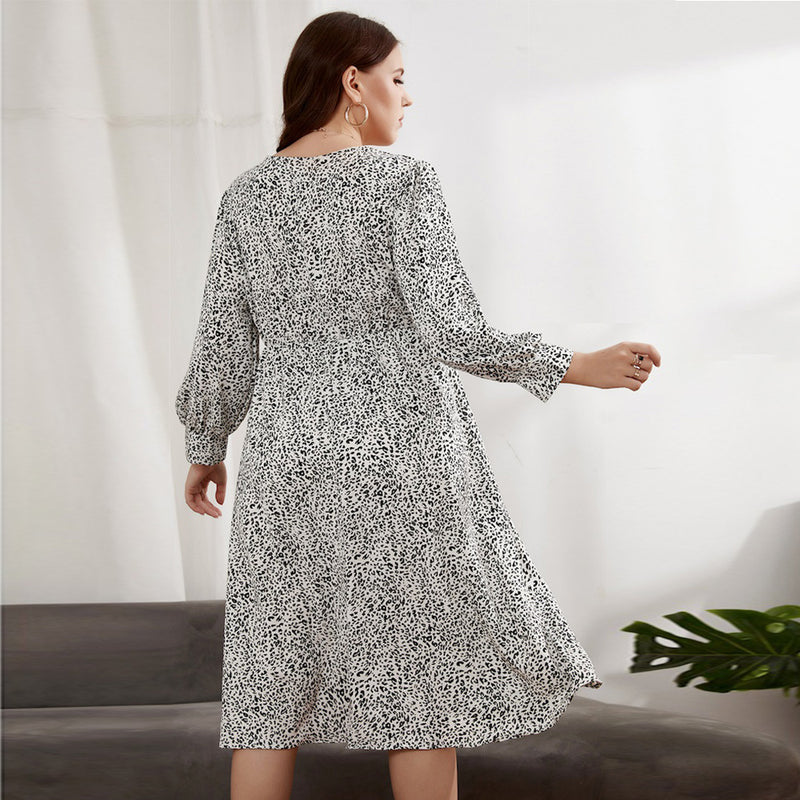 Wholesale Plus Size Women Clothing Leopard Print Slim V-Neck Long Sleeve Midi Dress