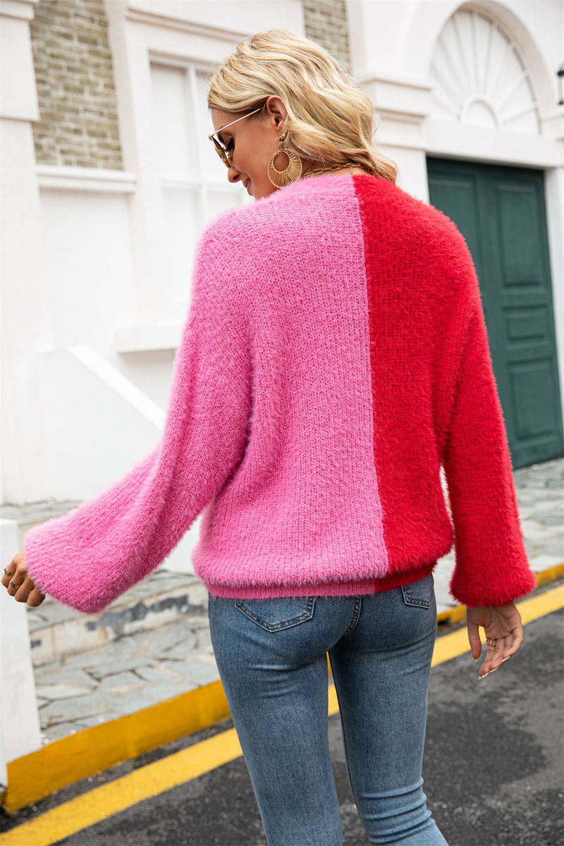 Fashion Colorblock Knitted Pink Single Breasted Knit Coat Wholesale Cardigan