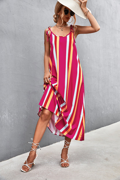 Low Cut Contrast Striped Print Sexy Backless Beach Sling A-Line Dress Holiday Wholesale Dresses