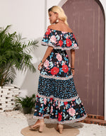 Off Shoulder Floral Print Ruffled Lapel Lace-Up Waist Swing Resort Dress Wholesale Maxi Dresses