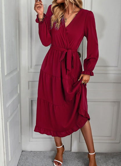 Solid Color Tie-Up Waist Long Sleeve Smocked Dress Wholesale Dresses