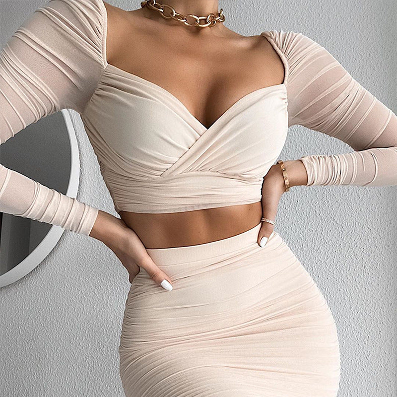 Sexy Long Sleeve Crop Tops & Bodycon Skirts Solid Color Wholesale Two Piece Sets