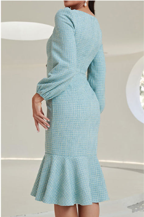 Plaid Square Neck Button Long Sleeve Ruffled Slim Dress Wholesale Dresses