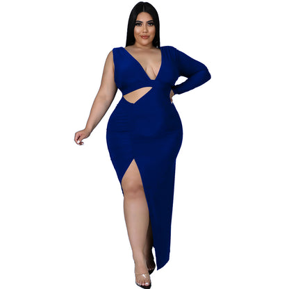 Long Sleeve Irregular Sexy Cut-Out Tight Women Curvy Maxi Dresses Wholesale Plus Size Clothing