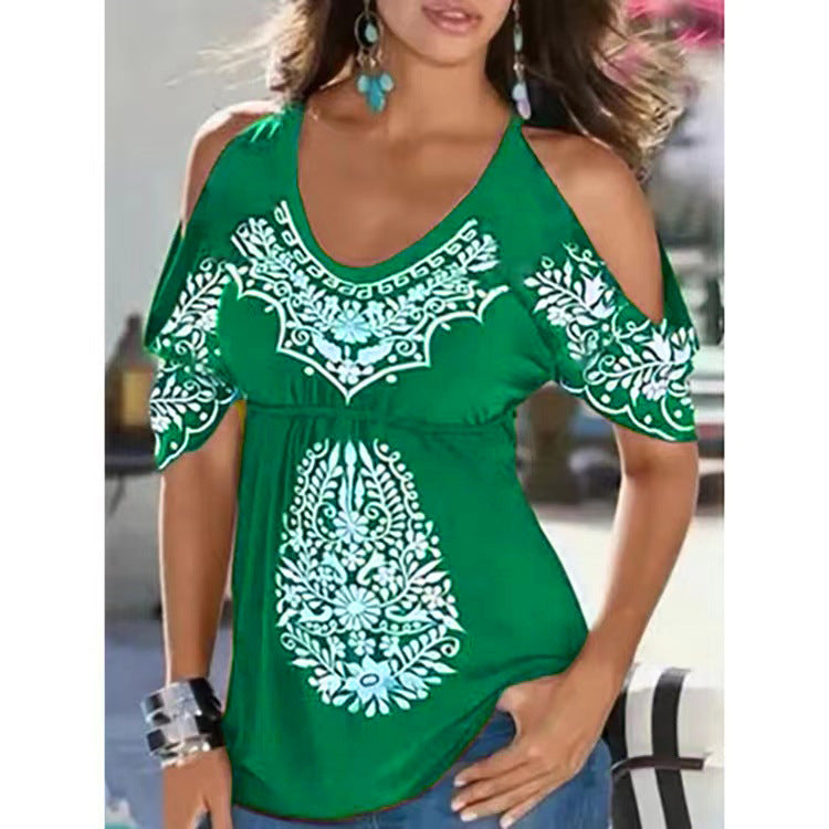 Summer Sexy Print Tops Loose Short Sleeve Women Wholesale Off Shoulder T Shirts