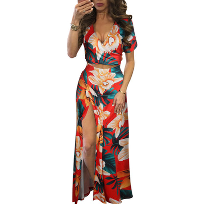 Floral Printed Short Sleeve Lace Up Crop Tops & Slit Maxi Skirt Vacation Clothing Wholesale Womens 2 Piece Sets