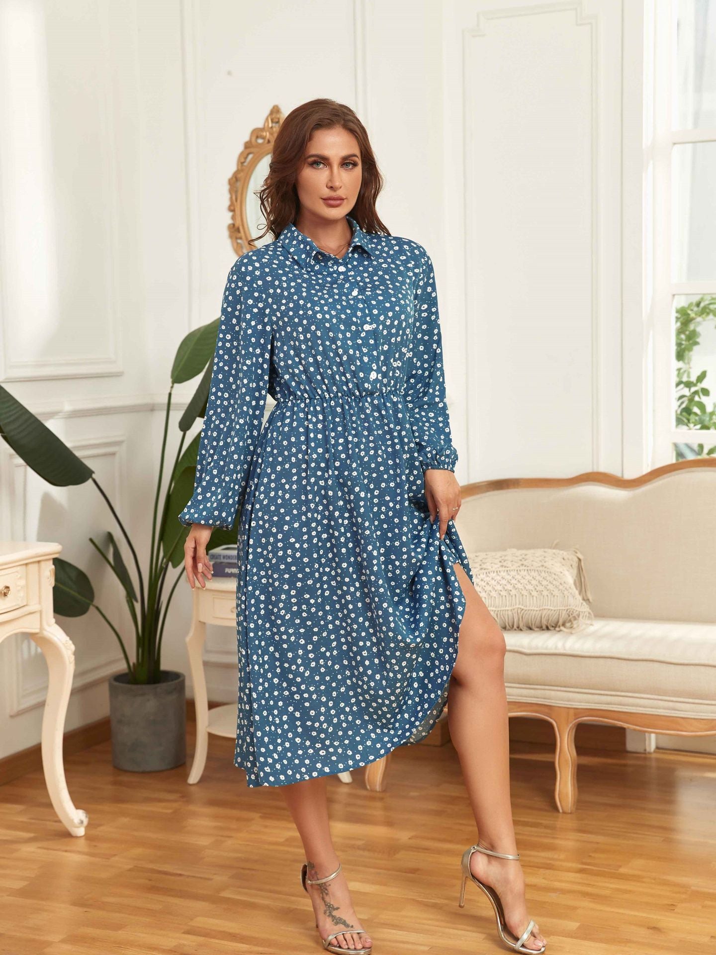 Floral Print Long Sleeve Curvy Dresses Wholesale Plus Size Clothing