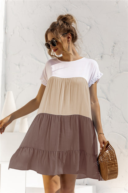 Round Neck Colorblock Ruffles Short Sleeve Loose Smocked Dresses Casual T Shirt Dress Wholesale