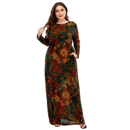 Floral Print Long Sleeve Casual Curvy Dresses Wholesale Plus Size Clothing