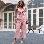 Cotton Linen Sleeveless V Neck Bowknot Wholesale Jumpsuits with Pockets