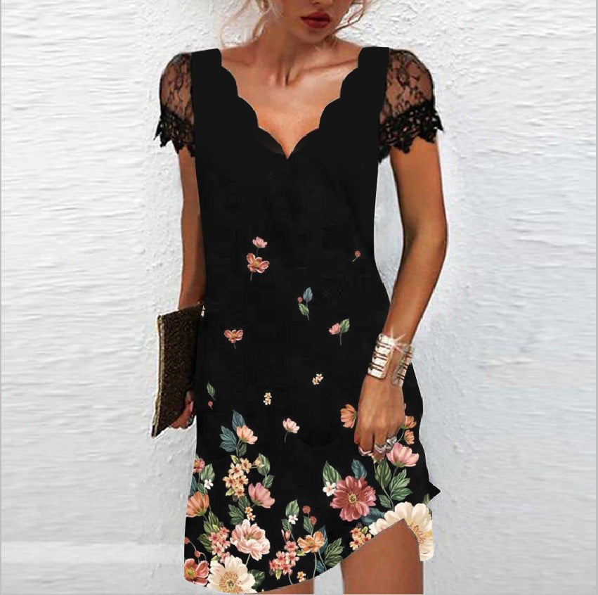 Sexy V-Neck Printed Dress Short Sleeve Lace Wavy Wholesale Dresses