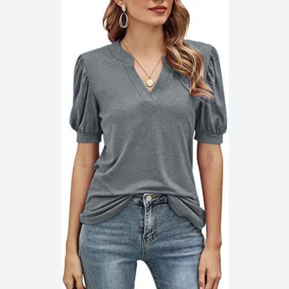 Women Fashion V Neck Short Sleeve Plain Wholesale T-shirts Blouses Summer