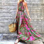Floral Print Off Shoulder Halterneck Backless Large Swing Dress Resort Wholesale Maxi Dresses