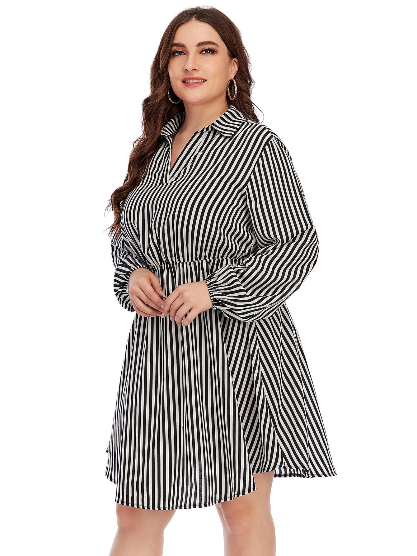 Fashion V Neck Striped Swing Dress Elastic Waist Dresses Long Sleeve Loose Wholesale Plus Size Clothing