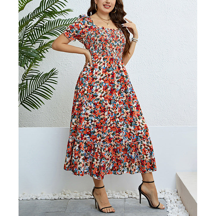 Wholesale Women'S Plus Size Clothing Pleated Floral Off-Shoulder Puff Sleeve Dress