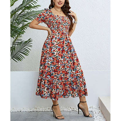 Wholesale Women'S Plus Size Clothing Pleated Floral Off-Shoulder Puff Sleeve Dress