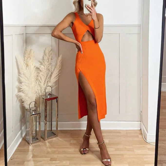 Cutout Orange Fashion Hip Slit Sling Knit Bodycon Dress Sexy Wholesale Jersey Dresses