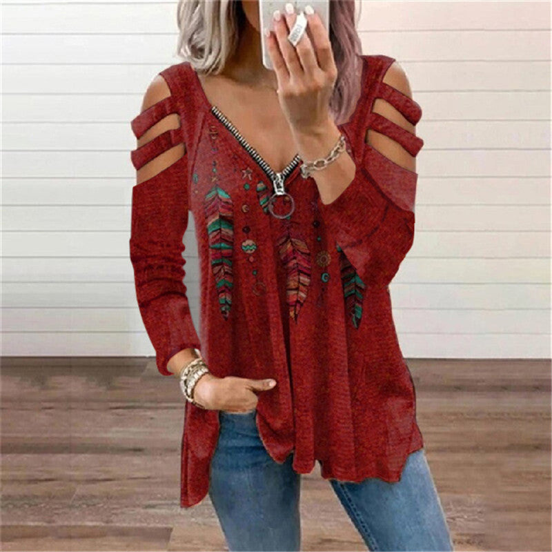 Sexy V Neck Off Shoulder Print Tops Zip Long Sleeve Loose Womens T Shirts Wholesale