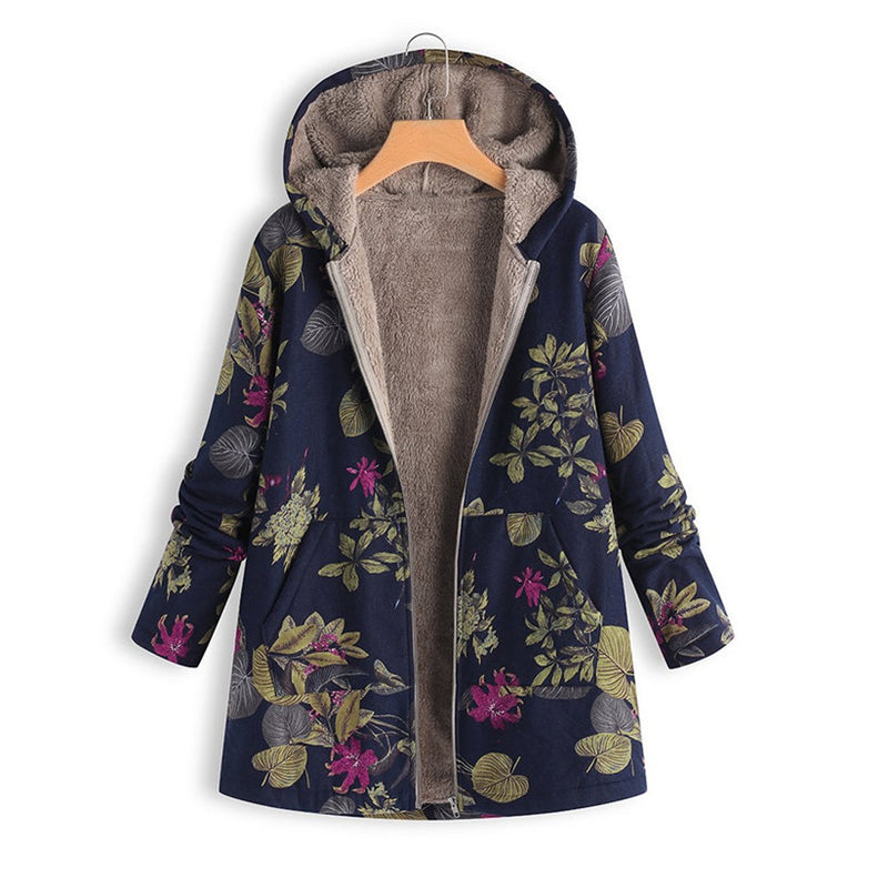 Retro Print Hooded Jacket Loose Plush Lining Long Sleeve Zipper Wholesale Womens Coats With Pockets