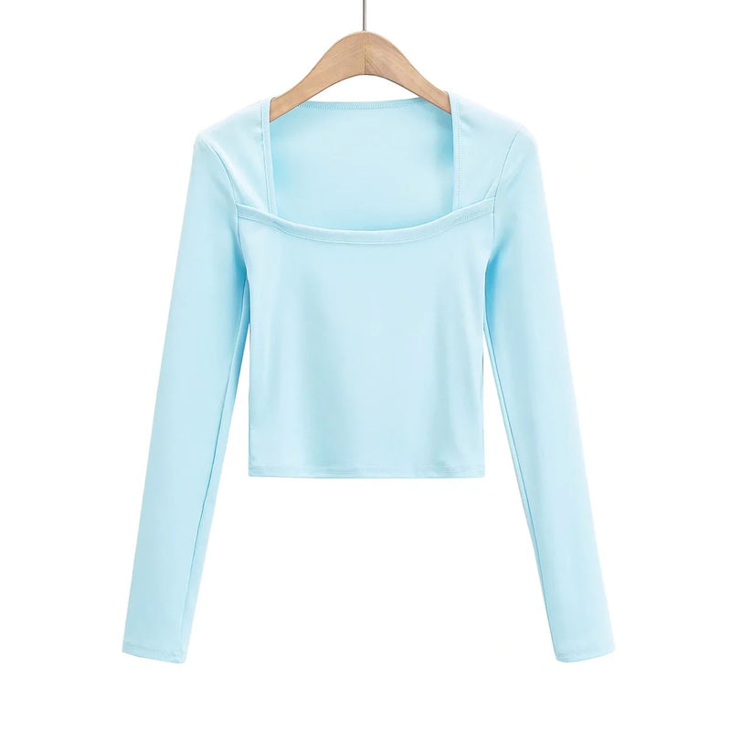 All-Match Long-Sleeved Square Collar Slim-Fit Solid Color Crop Top Wholesale Women Tops
