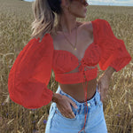 Solid Color Sexy Tie-Up Long Sleeve Short Shirts Wholesale Crop Tops