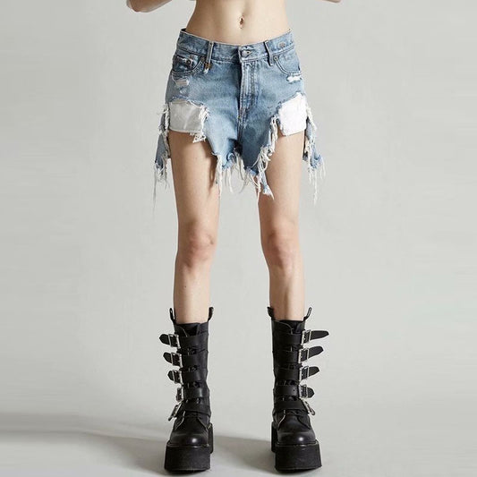 Fashion Irregular Design Raw Edge V-Shaped Womens Ripped Hot Pants Wholesale Denim Shorts