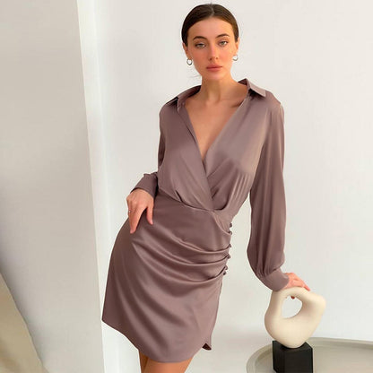 Sexy Satin Deep V Neck Dress Long Sleeve Solid Color A-Line Wholesale Dresses