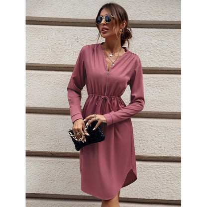 Solid Color Long Sleeve Drawstring A-Line Dress Wholesale Dresses