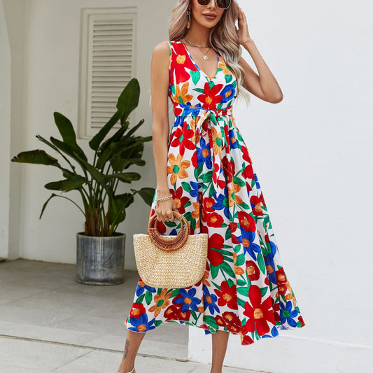 V-Neck Floral Sleeveless Strappy Elegant Stylish Dress Wholesale Dresses