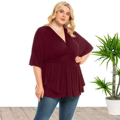 V-Neck Loose Solid Color Womens Curve Tunics Tops Casual Shirts Wholesale Plus Size Clothing