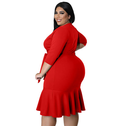 Sexy Ruffle Deep-V Bodycon Women Curvy Dresses Wholesale Plus Size Clothing