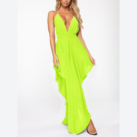 Lace-Up Deep V Wholesale Maxi Dresses Irregular Hem Casual Beach Vacation Chiffon Flowy Sling Dress