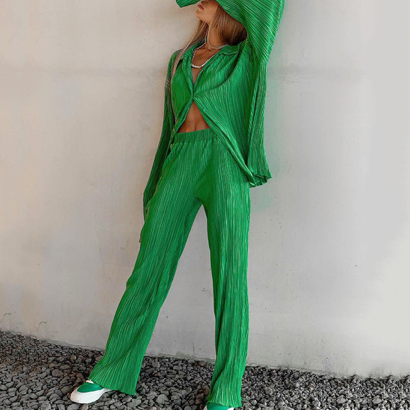 Solid Casual Shirt + Wide Leg Pants Wholesale Matching Sets For St. Patrick'S Day