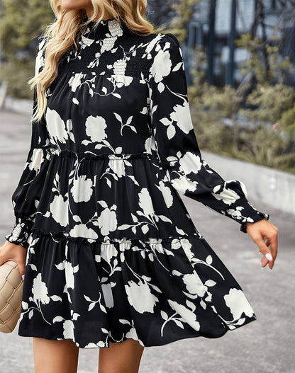 Elegant Print Long Sleeve Dress High Waist Loose Wholesale Dresses