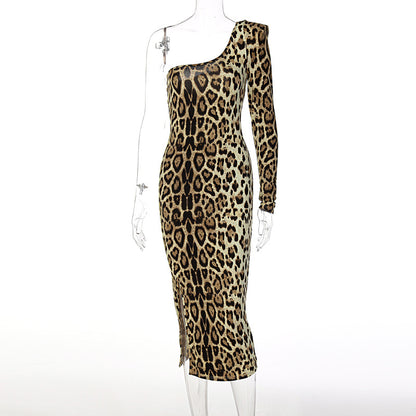 Long Sleeve Leopard Print One Shoulder Slit Bodycon Dress Wholesale Dresses