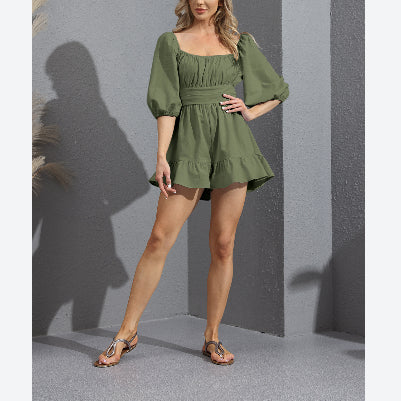 Back Lace-Up Vintage Solid Wholesale Rompers