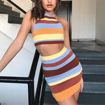Knitted Sleeveless Halterneck + Wrap Hip Skirt Wholesale Two Piece Sets SO203199 Striped Crop Tank Top + Skirt Wholesale Two Piece Sets