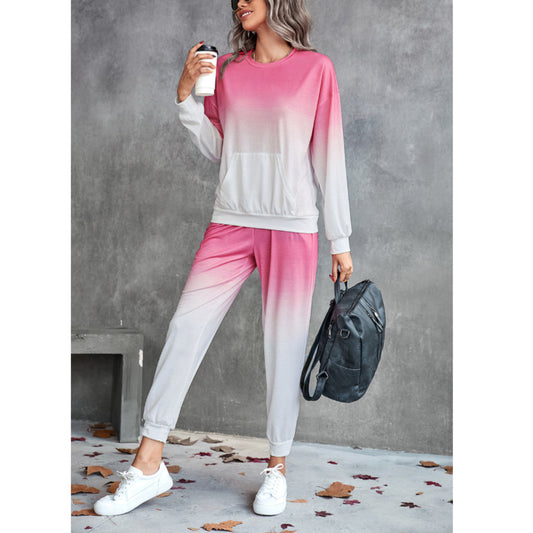 Casual Sports Gradient Round Neck Long Sleeve Pocket Sweatshirt Suit Wholesale Women Clothing