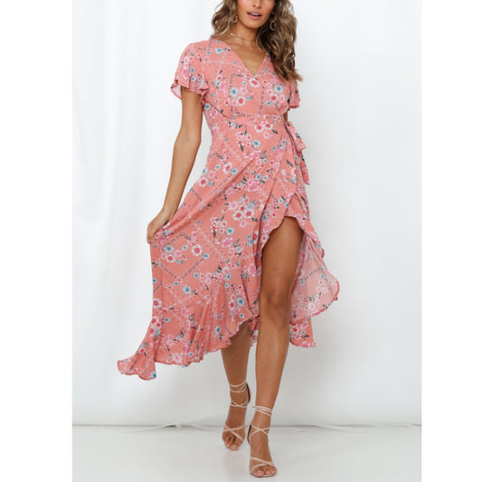 Stylish V-Neck Ruffled Sleeve Irregular Wooden Ears Print Dress Wholesale Dresses