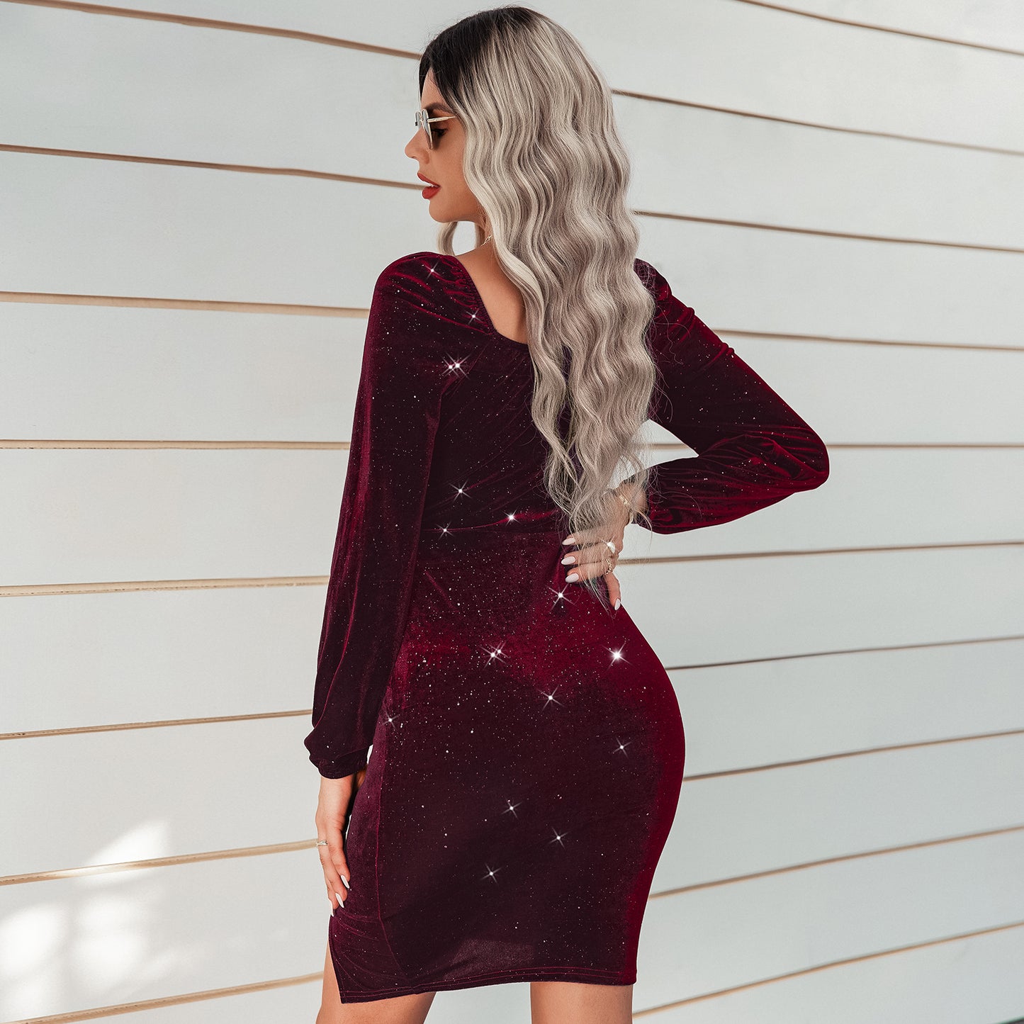 Fashion V-Neck Sexy Bag Hip Slit Sequin Velvet Dress Wholesale Dresses