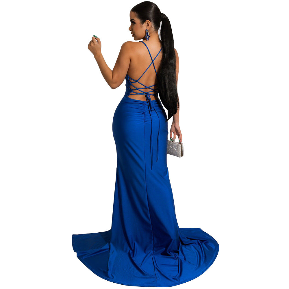 Low Cut V-Neck Solid Color Slit Sling Evening Dress Wholesale Maxi Dresses