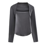 Square Neck Solid Color Irregular Hem Slim Long Sleeve Women Blouse Fashion Wholesale T Shirts